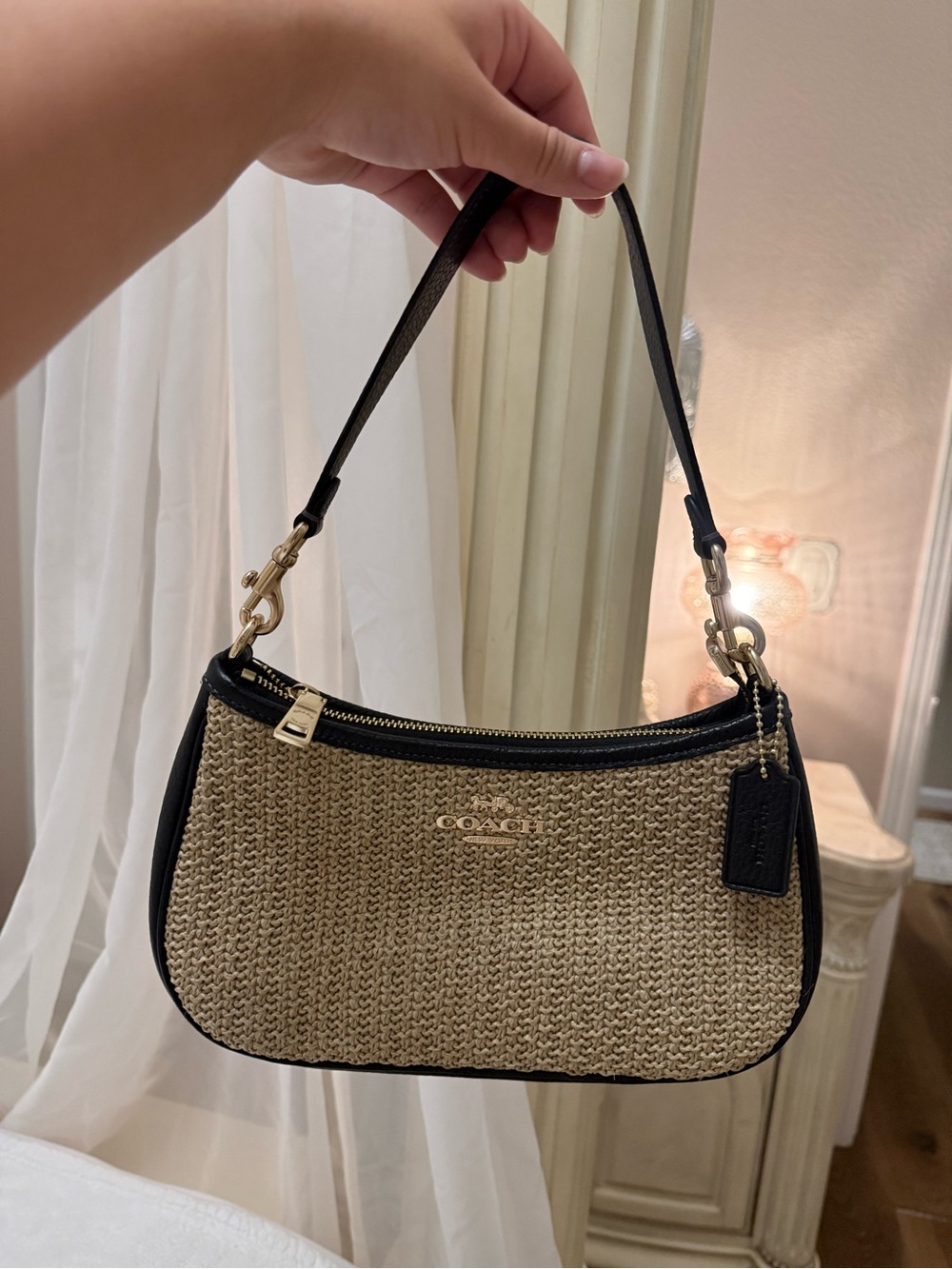 Coach Beige Straw Shoulder Bag with Black Trim and Gold Hardware